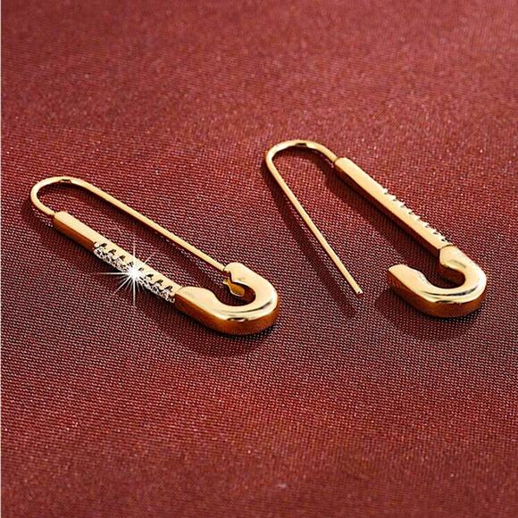 Gold Plated Zircon Safety Pin Earrings, Minimalist, Punk, Gift For Teenager - Picture 3 of 9